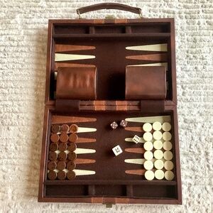 Vtg Backgammon Board Game Set Faux Brown Leather Travel Case Interior Stitched